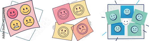 Colorful Square Sticky Notes with Doodle Style Emoji Expressions and Curled Paper Corners. 
