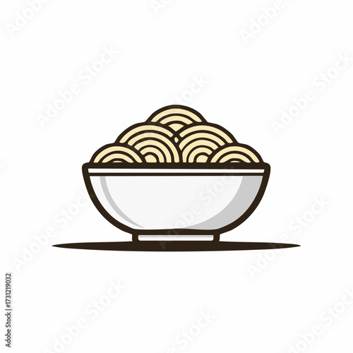 A white bowl filled with several round, beige-colored noodles or pasta, illustrated with bold outlines and subtle shading