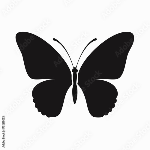 Silhouette of a butterfly with broad forewings and scalloped hindwings, featuring two curved antennae and a slender body