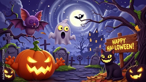 Halloween cartoon ghost pumpkin scene