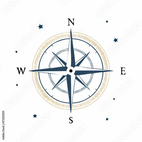 Nautical compass rose with cardinal directions and decorative stars, featuring a blue and gold design symbolizing navigation and orientation
