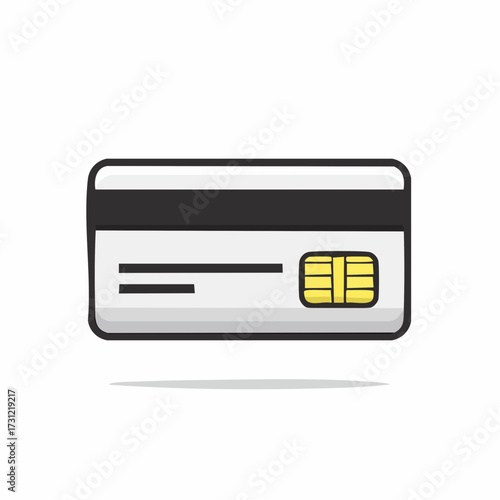 A simple illustration of a credit card featuring a magnetic stripe, a chip, and two black lines representing text or cardholder information