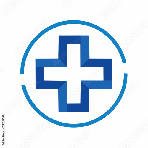 Blue and white medical cross symbol enclosed by a partially open circular border, representing healthcare or medical services