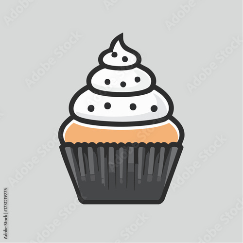 A simple illustration of a cupcake with white frosting topped with small round sprinkles, in a dark ridged cupcake liner