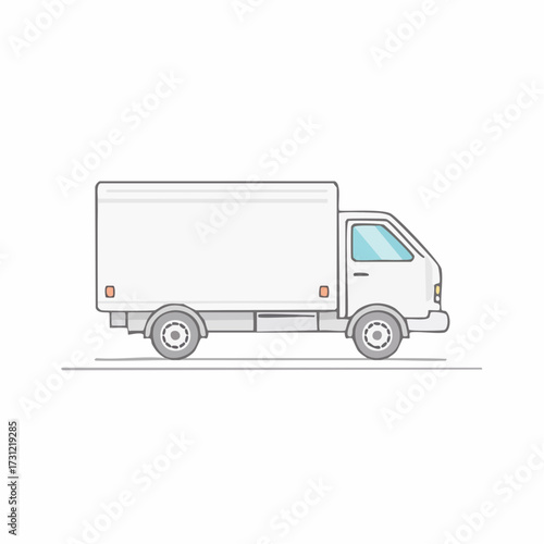 A simple illustration of a white delivery truck with two wheels and a large cargo area, designed for transporting goods and packages