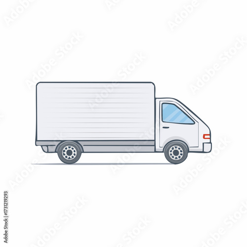 Side view of a white delivery truck with a large cargo area and two wheels, featuring a simple and clean design with blue-tinted windows