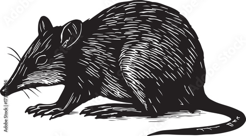 Detailed black and white woodcut illustration of a small furry marsupial creature with pointed ears and a long tail