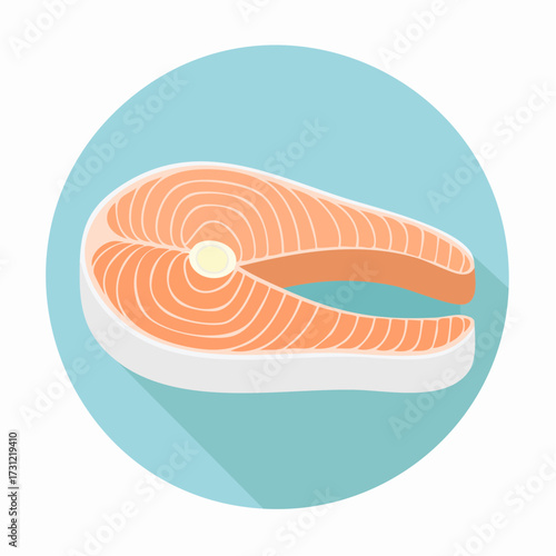 Salmon steak with a light pink-orange flesh and a central bone, shown as a flat, raw cut with white edges and a smooth texture