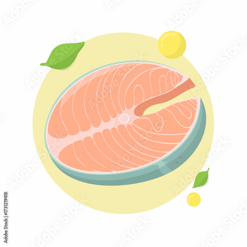 Salmon steak slice with a pinkish-orange flesh and a light blue-green skin, accompanied by two green leaves and two small yellow berries
