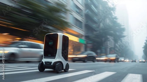 Autonomous robot delivery city street.