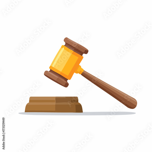 A wooden judge's gavel with a yellow band rests on a matching wooden sound block, symbolizing law, justice, and courtroom proceedings