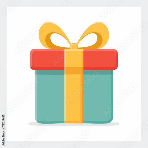 A colorful gift box with a red lid, teal body, and a yellow ribbon tied in a bow on top