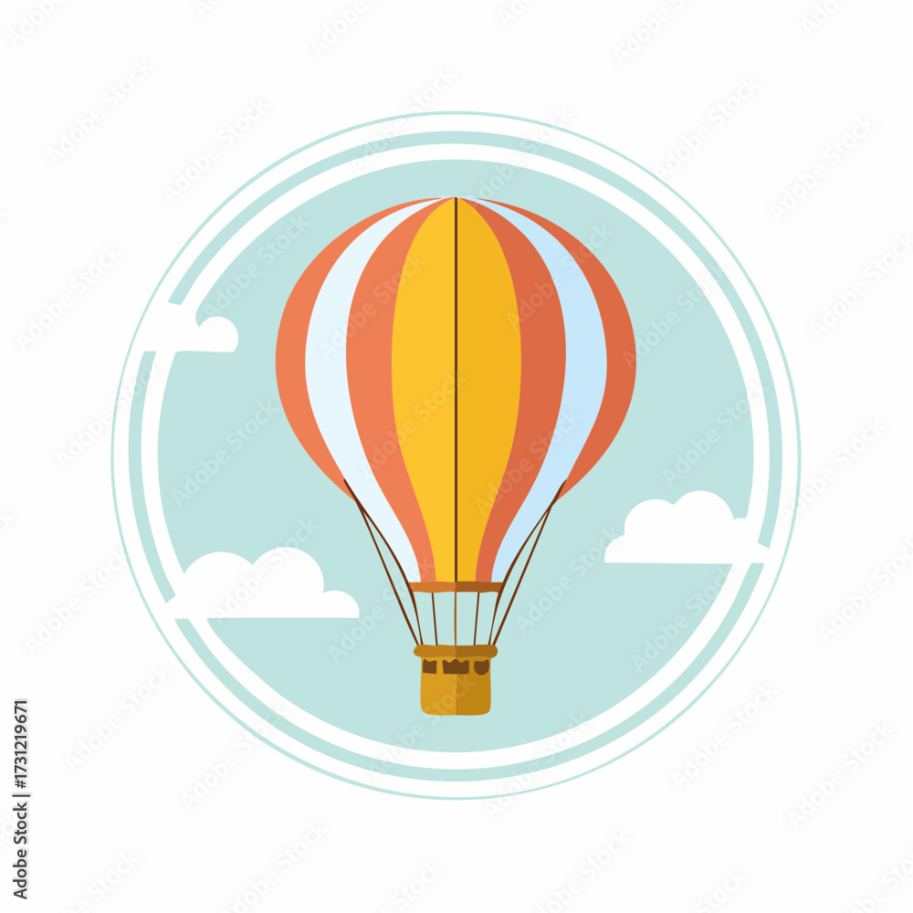 Obraz premium A colorful hot air balloon with orange, yellow, and white panels floating gently in the sky with a wicker basket below
