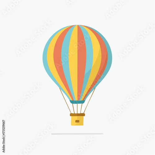 Colorful hot air balloon with vertical stripes in blue, orange, and yellow, featuring a small basket at the bottom suspended by ropes
