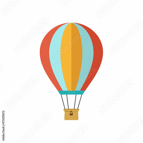 Colorful hot air balloon with vertical stripes in orange, blue, and yellow, featuring a small basket suspended below it