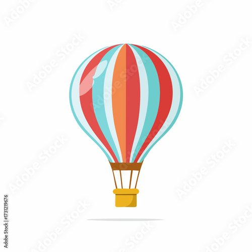 Hot air balloon with alternating red, orange, and light blue vertical stripes and a small yellow basket