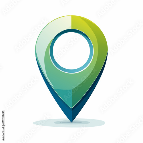 Stylized 3D map pin icon with a hollow center, featuring layered blue and green gradient colors and a pointed bottom for location marking