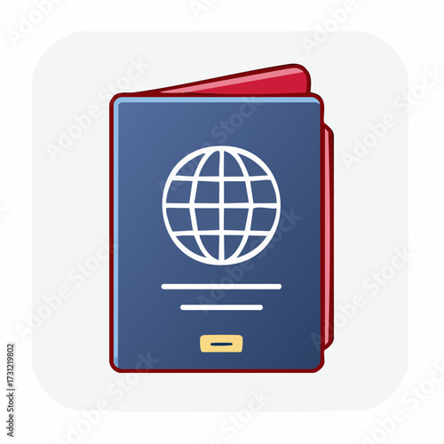 A blue passport with a globe emblem and white lines representing text on the cover, partially opened to reveal a red inner page