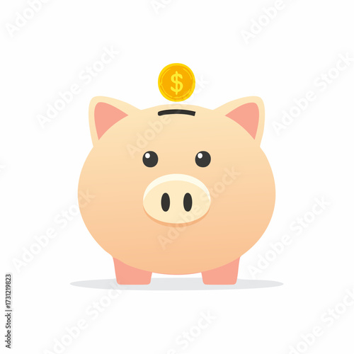 A cute piggy bank with a coin featuring a dollar sign about to be inserted, symbolizing saving money and financial security