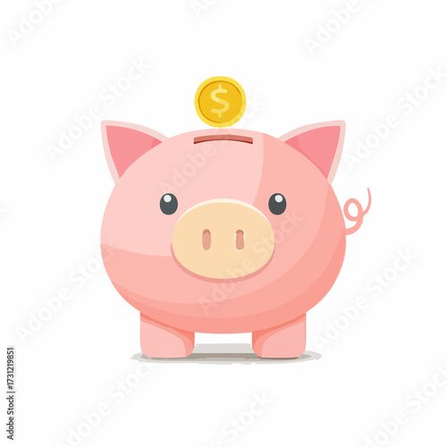 A cute pink piggy bank with a curly tail has a gold coin featuring a dollar sign being inserted into its slot