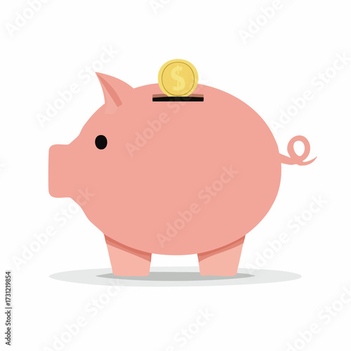 A pink piggy bank with a coin featuring a dollar sign being inserted into the slot on its back, symbolizing saving money and financial security