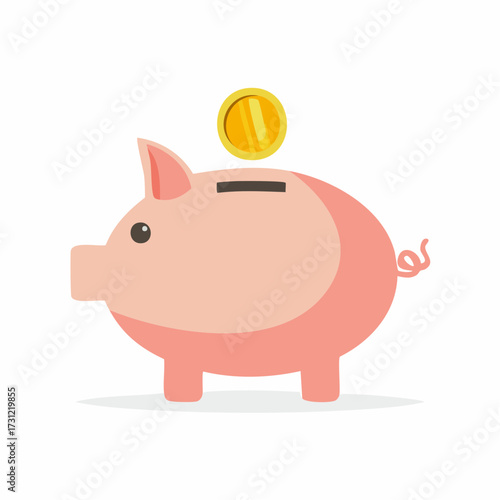 Pink piggy bank with a gold coin being inserted into the slot on its back, symbolizing savings and financial management