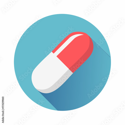 Red and white capsule pill icon with long shadow on blue circular background, representing medicine or pharmaceutical drug