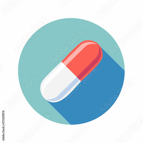 A red and white capsule pill icon with a long shadow inside a blue circular background