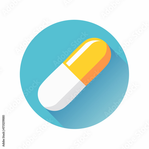 Yellow and white capsule pill with a shiny surface, positioned diagonally inside a blue circle with a long shadow effect