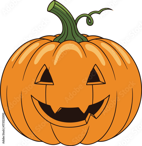 A classic Jack-o'-lantern illustration featuring a wide, menacing grinning face with sharp carved teeth, triangular eyes, and a prominent green stem. 