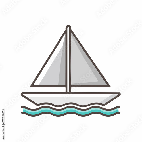 A simple illustration of a sailboat with two triangular sails floating on stylized blue waves