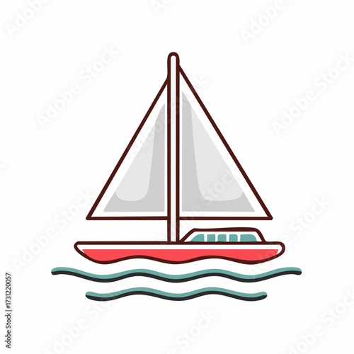 A simple illustration of a red sailboat with two white sails floating on stylized blue waves