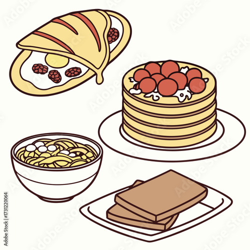 A delicious assortment of breakfast foods including pancakes toast cereal and omelet