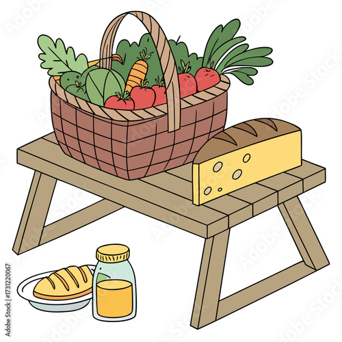 A delightful cartoon illustration of a picnic basket filled with fresh vegetables and fruits on a wooden table with bread cheese and juice