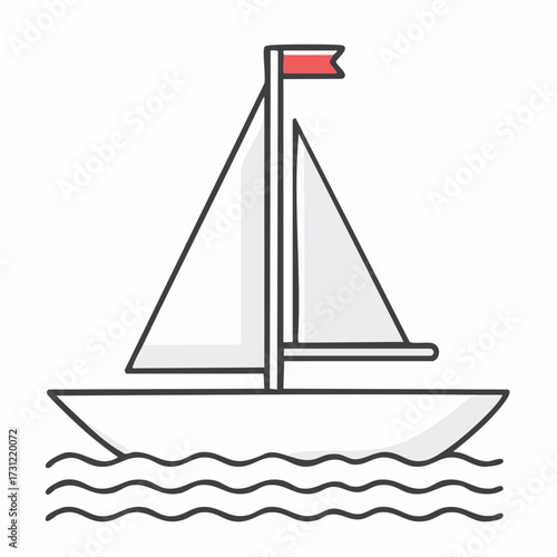 A minimalistic sailboat with triangular sails and a small red flag atop the mast, floating on stylized wavy water lines