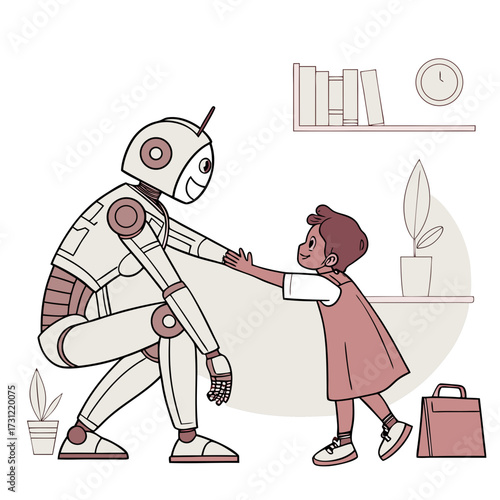 A friendly robot and a happy child reaching out to each other in a modern room
