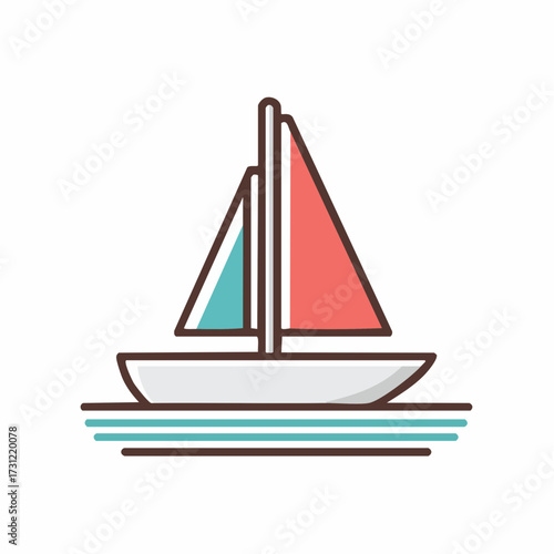 Simple sailboat with two sails, one red and one blue, floating on stylized water lines