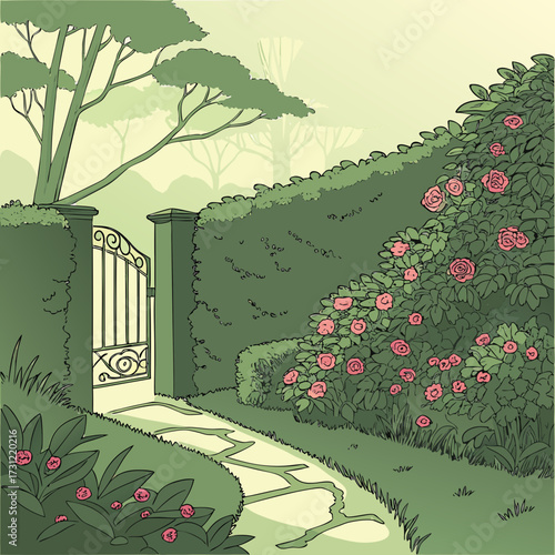 A picturesque garden path leads through blooming roses towards an ornate wrought iron gate