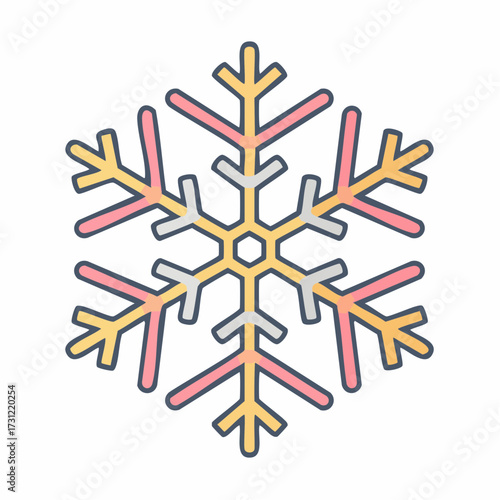 Stylized snowflake with six symmetrical branches featuring a combination of pastel yellow, pink, and light gray colors outlined in dark gray
