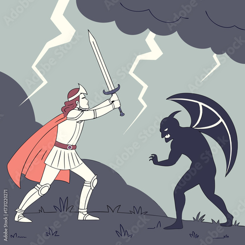Brave knight in shining armor wielding a sword against a winged demon during a thunderstorm