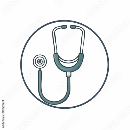 Illustration of a stethoscope with dark tubing and earpieces, designed for medical use and health examinations, shown within a circular frame