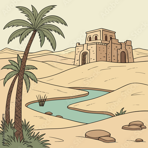 Ancient desert oasis with palm trees and a stone building by a winding river