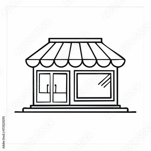 Simple line drawing of a small storefront featuring double glass doors and a large display window under a striped awning