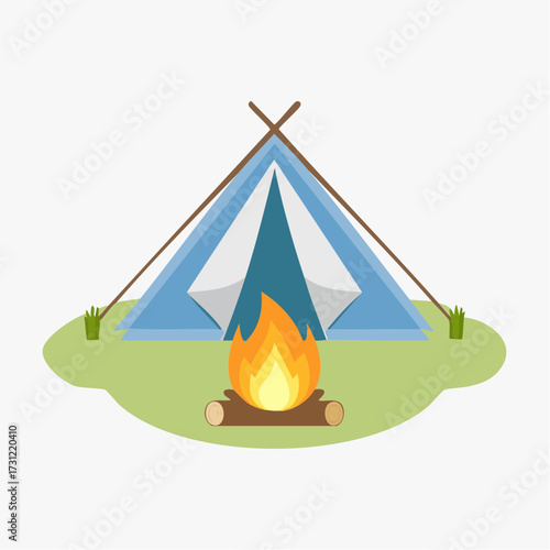 A blue triangular tent pitched on grass with wooden poles supporting it, accompanied by a campfire burning logs in front of the tent entrance