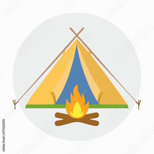 Yellow and blue camping tent pitched with a lit campfire in front, featuring crossed wooden logs and a simple outdoor setup