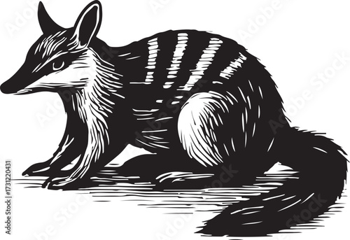 Detailed black and white woodcut illustration of a native australian numbat marsupial with distinctive stripes and bushy tail