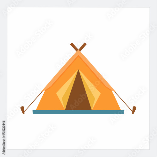 Orange triangular tent with open flap, supported by poles and ropes, designed for camping or outdoor shelter