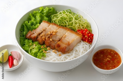 Bún mắm nêm thịt quay-thick slices of crispy roasted pork belly placed on top of fresh white rice noodles- Vietnamese traditional food
