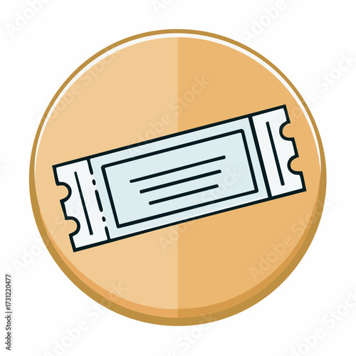 A blue event ticket icon with rounded perforated edges is centered within a circular beige badge featuring subtle shading