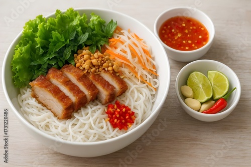 Bún mắm nêm thịt quay-thick slices of crispy roasted pork belly placed on top of fresh white rice noodles- Vietnamese traditional food